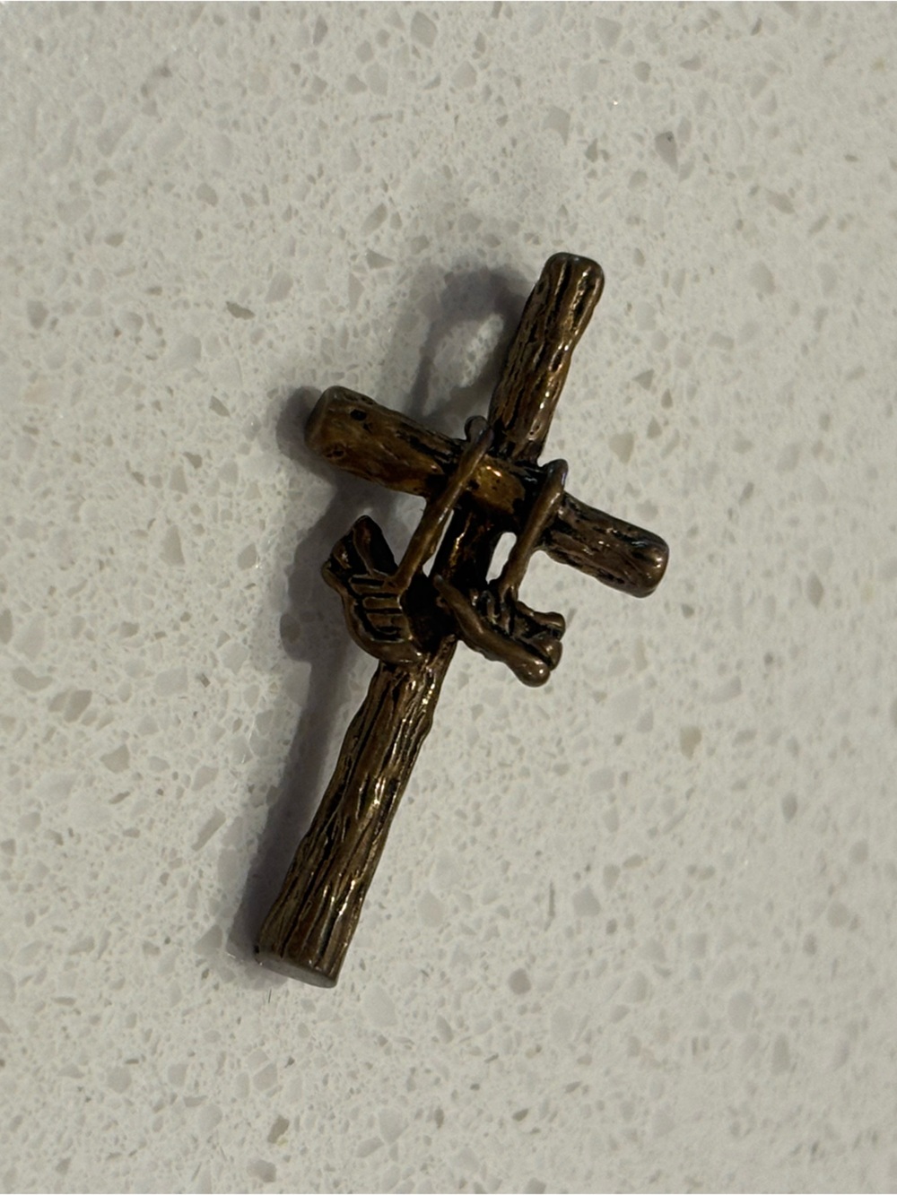 Bronze Wood-Style Cross Pendant with Tennis Shoes